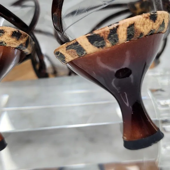 Stuart Weitzman Kitten Heel Sandals Strappy Thong Animal Print Brown Slingback 9 - Picture 12 of 15